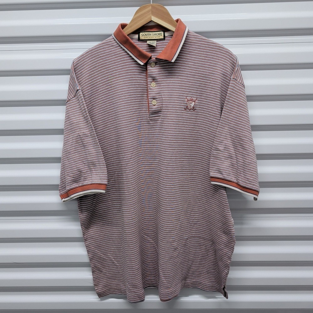 South Shore Polo Shirt XL Mens Orange Blue‎ Striped Cotton Golf Short Sleeve USA